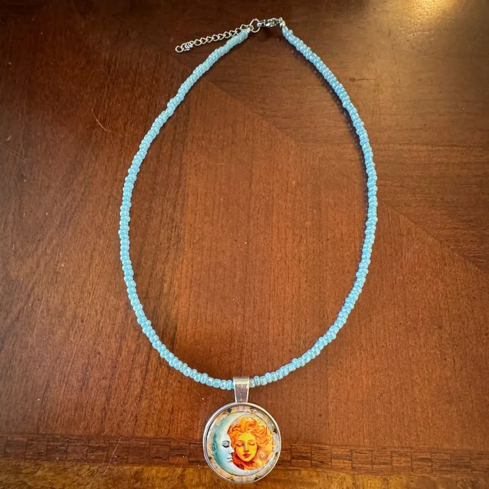 Moon Goddess & Blue Moon Cabochon Silver tone Pendant on Blue Beaded Necklace - Picture 4 of 7